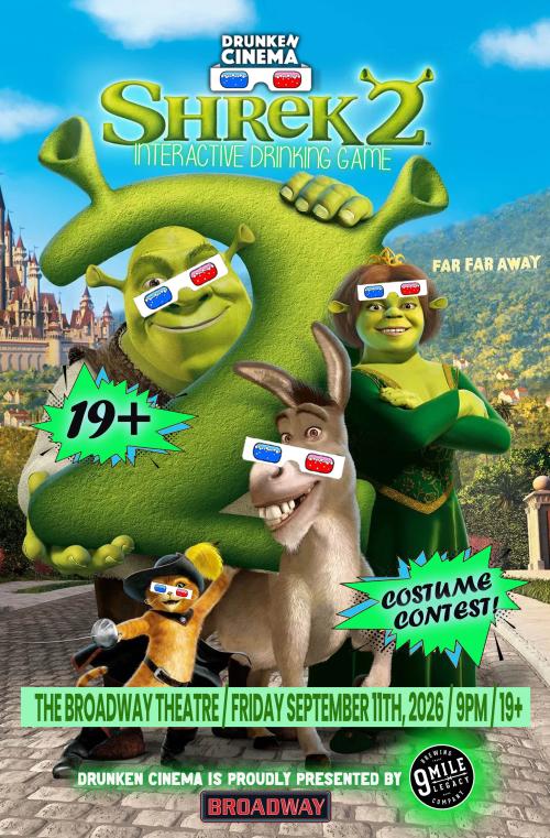 Poster for (19+) Shrek 2 - A Drunken Cinema screening presented by 9 Mile