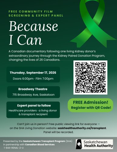 Poster for Saskatchewan Transplant Program Presents: Because I Can (FREE)